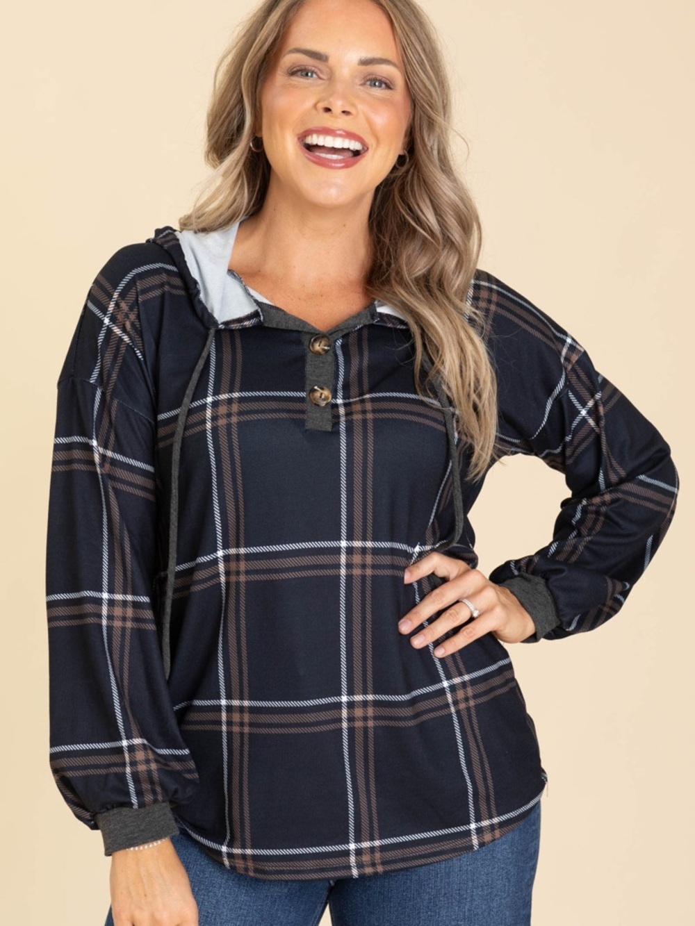 HEIMISH USA Black and Brown Plaid Hooded Henley Pullover